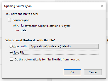 download custom sources as JSON download popup window